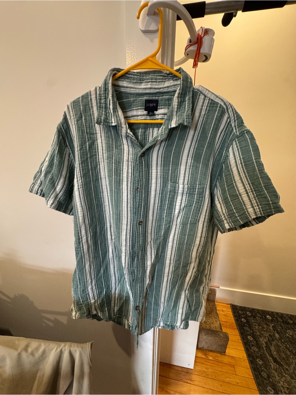 J. Crew Green and White Striped Short-Sleeve Button-Down Shirt